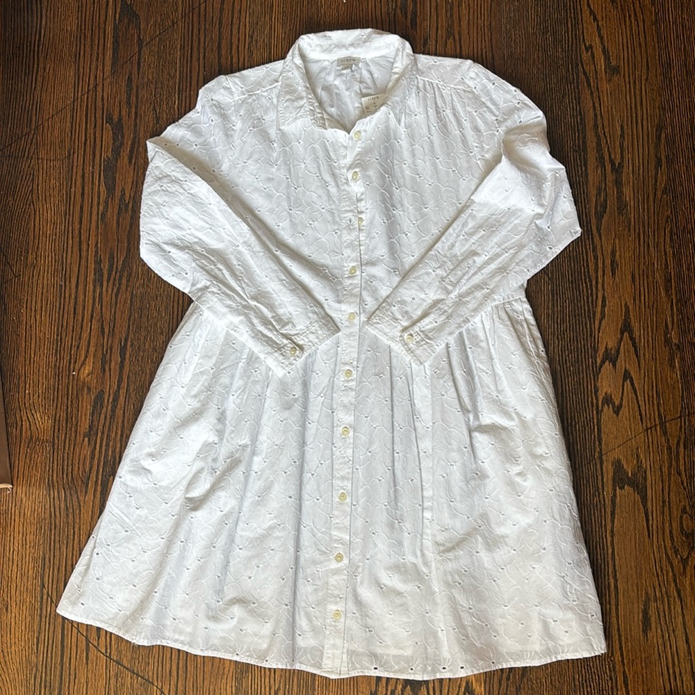 J Crew Factory Eyelet mini long sleeve shirtdress in white size 14 NWT
